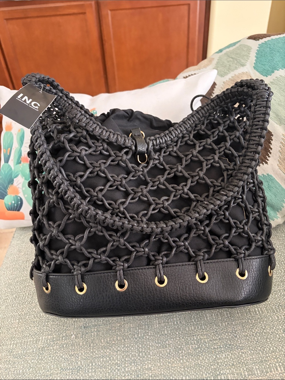 INC International Concepts Black Macramé Shoulder Bag with Gold-Tone Eyelets